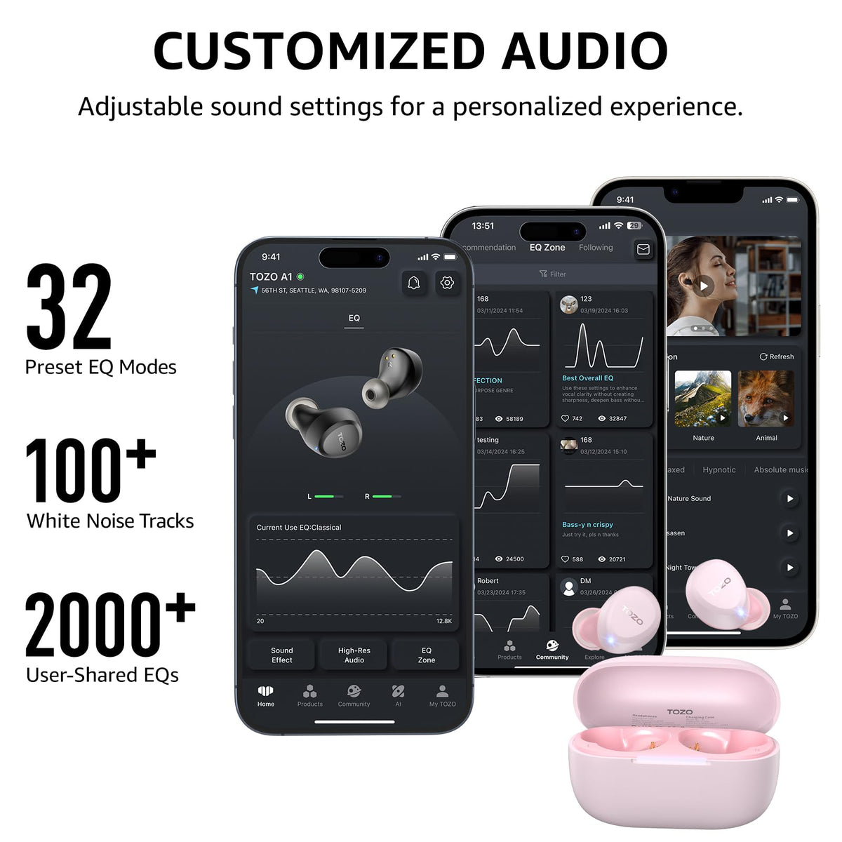 TOZO A1 app with 32 EQ presets for sound customization.