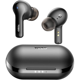 TOZO A2 Mini Earbuds close-up showing feather-light fit for all-day comfort.