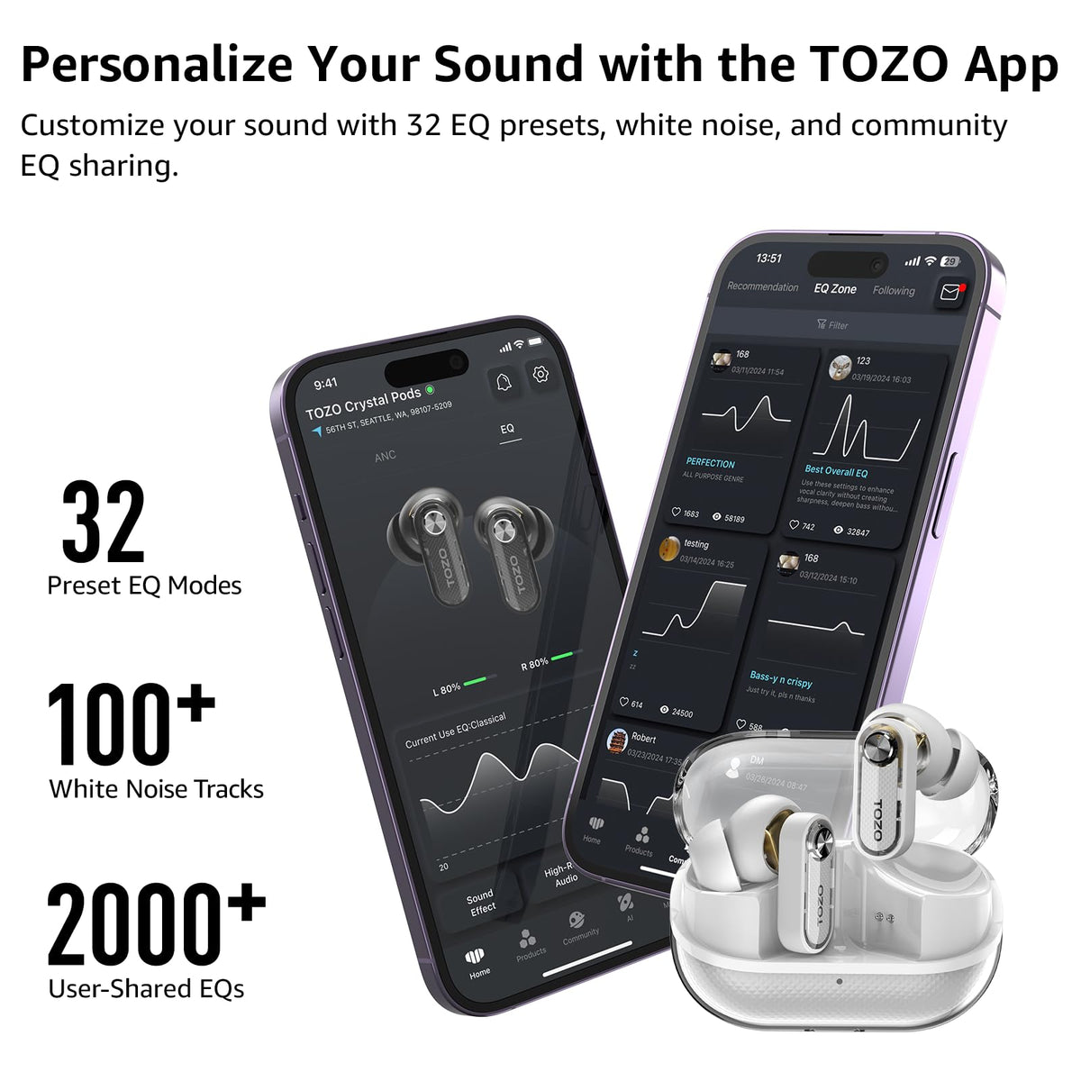 TOZO Crystal Pods app EQ screen on phone demonstrating 32 presets and sound customization