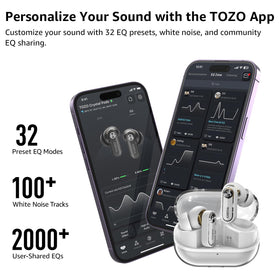 TOZO Crystal Pods app EQ screen on phone demonstrating 32 presets and sound customization