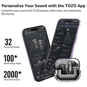 TOZO Crystal Pods app EQ screen displaying 32 presets and deep customization benefit