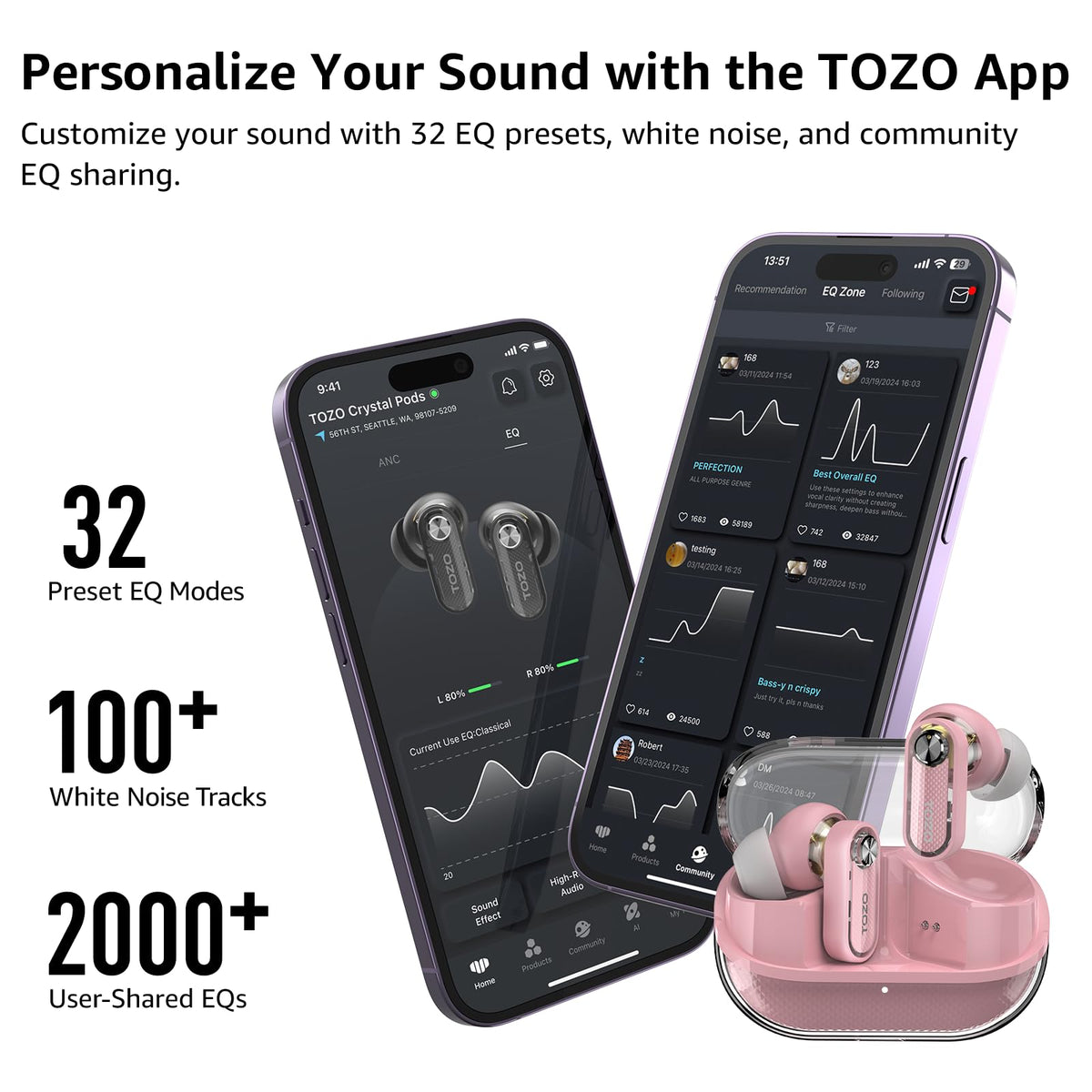 Smartphone running TOZO app EQ and translation features with Crystal Pods for customization