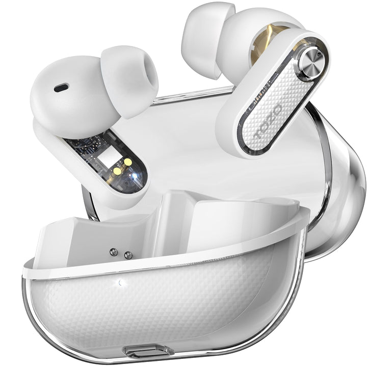TOZO Crystal Pods front packaging showing transparent case and earbuds for stylish appeal