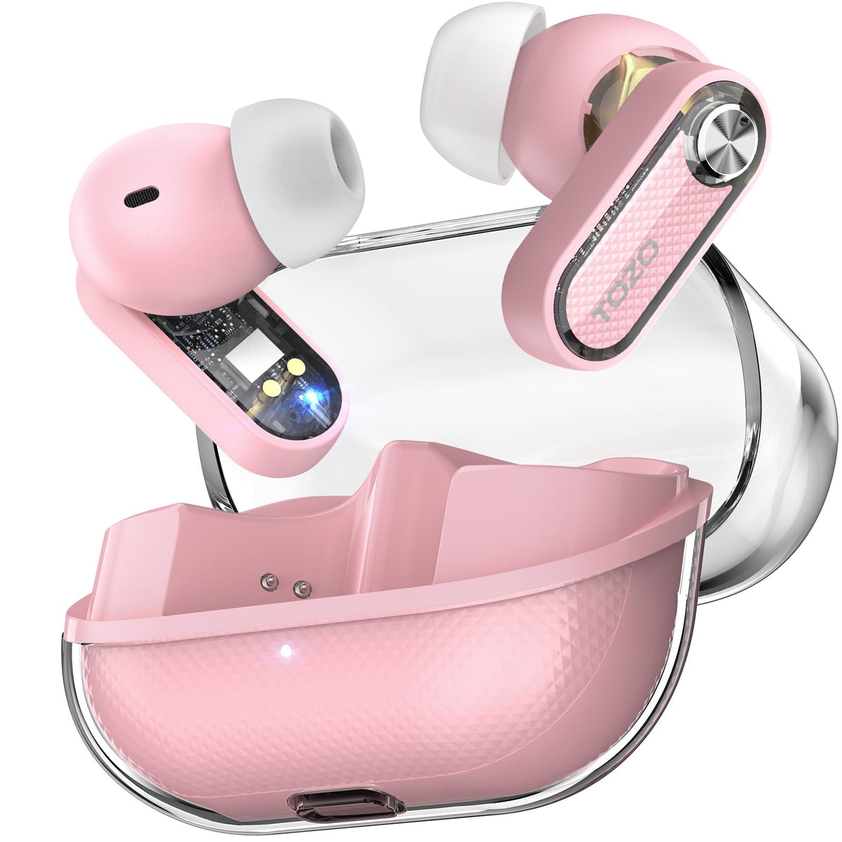 TOZO Crystal Pods front packaging showing clear case and earbuds for stylish tech appeal