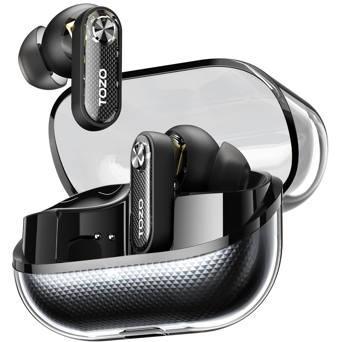 TOZO Crystal Pods front view showing transparent case and earbuds for stylish visibility