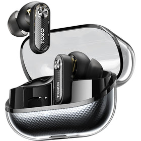 TOZO Crystal Pods front view showing transparent case and earbuds for stylish visibility