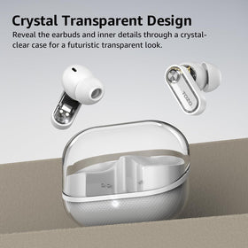 TOZO Crystal Pods close-up of transparent charging case revealing internal components and clarity