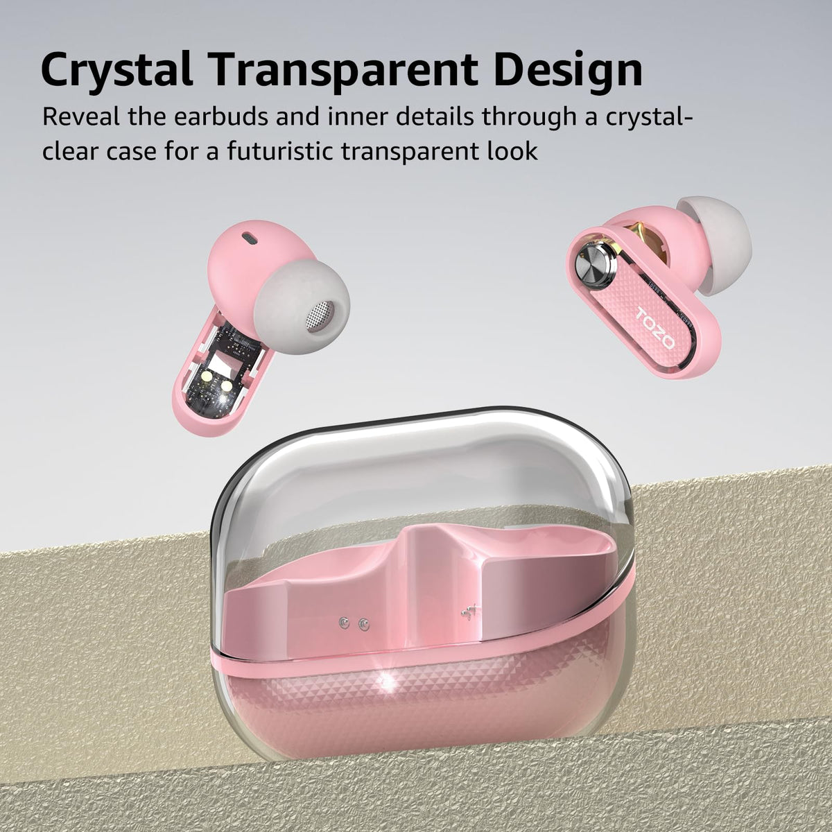 TOZO Crystal Pods transparent case open revealing earbuds and inner components for visual flair