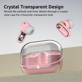 TOZO Crystal Pods transparent case open revealing earbuds and inner components for visual flair