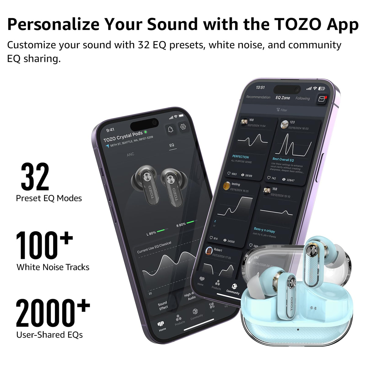 TOZO Crystal Pods charging case open with charging port visible, indicates battery convenience