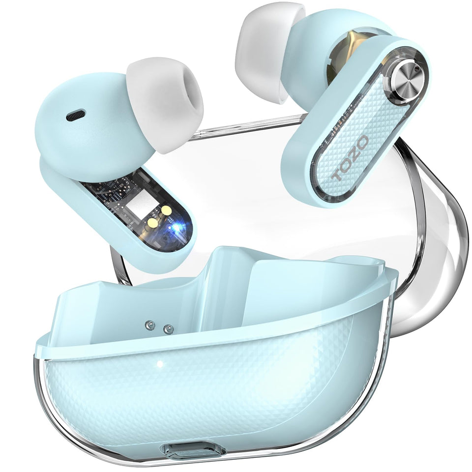 TOZO Crystal Pods front packaging showing clear case and earbuds, highlights style