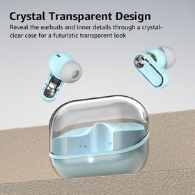 TOZO Crystal Pods open charging case revealing transparent internals and earbuds, showcases design