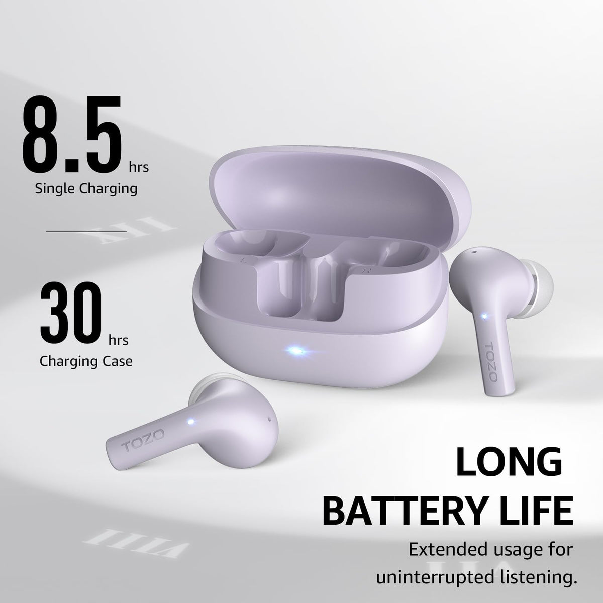 TOZO E2 case charges on the go, boosting total playtime to 30 hours.