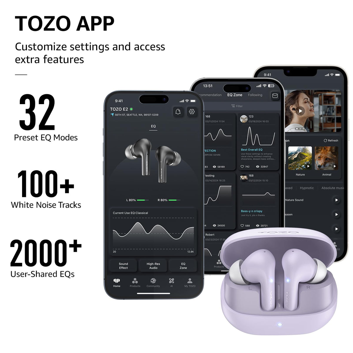 TOZO E2 Bluetooth 5.3 with low-latency mode for synced audio and video.