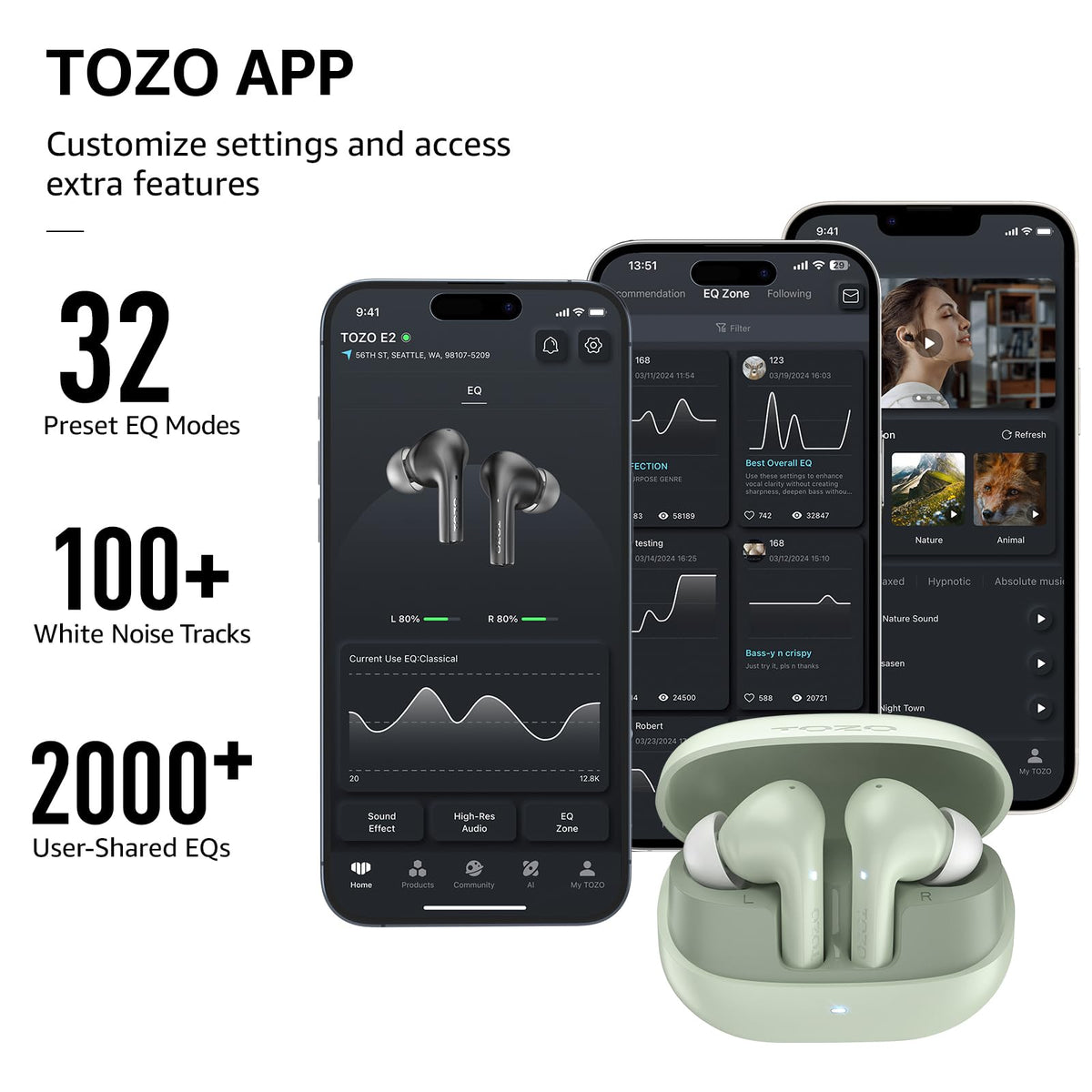 TOZO E2 dual mics with ENC for clearer calls in busy settings.