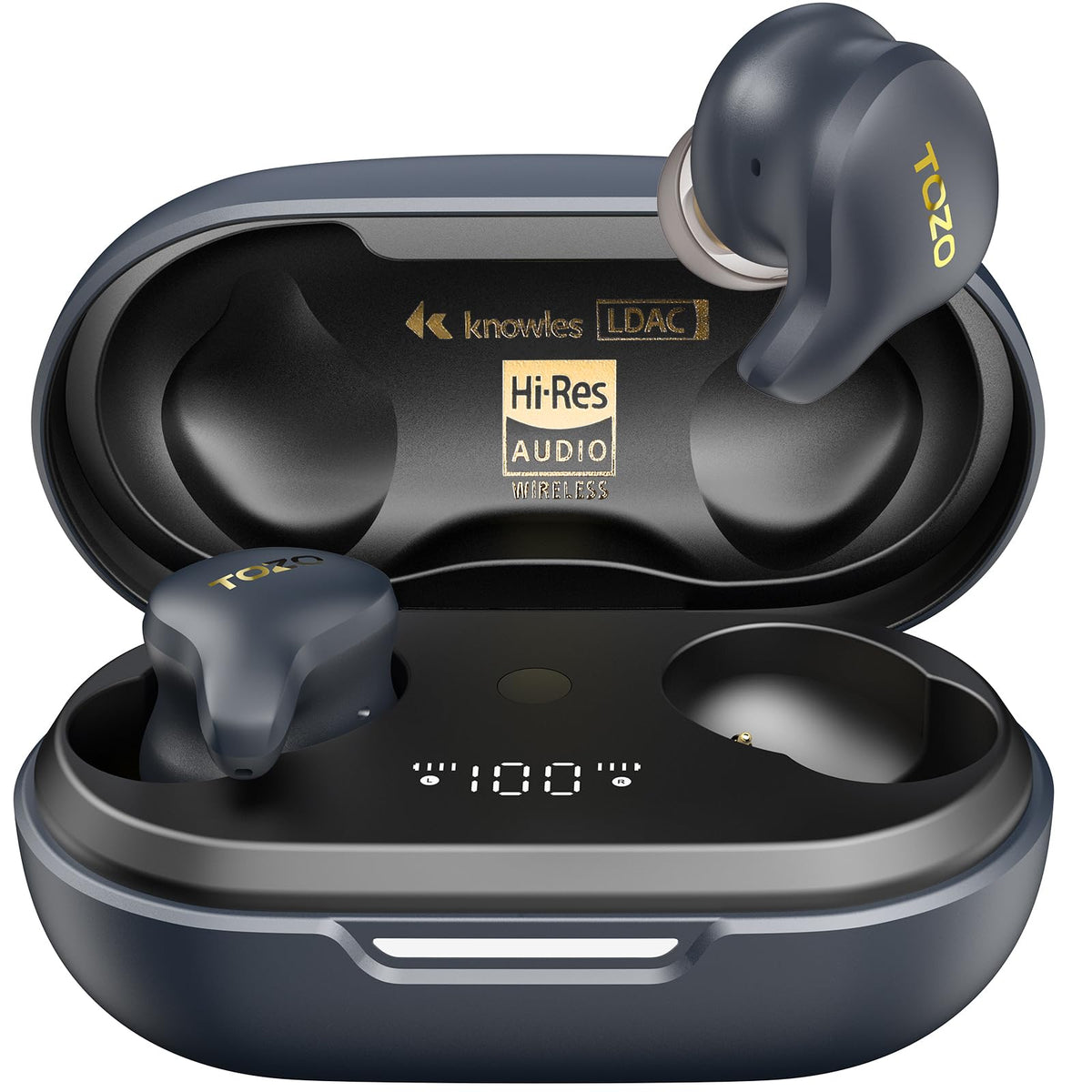 TOZO Golden X1 earbuds angled view, premium sound.