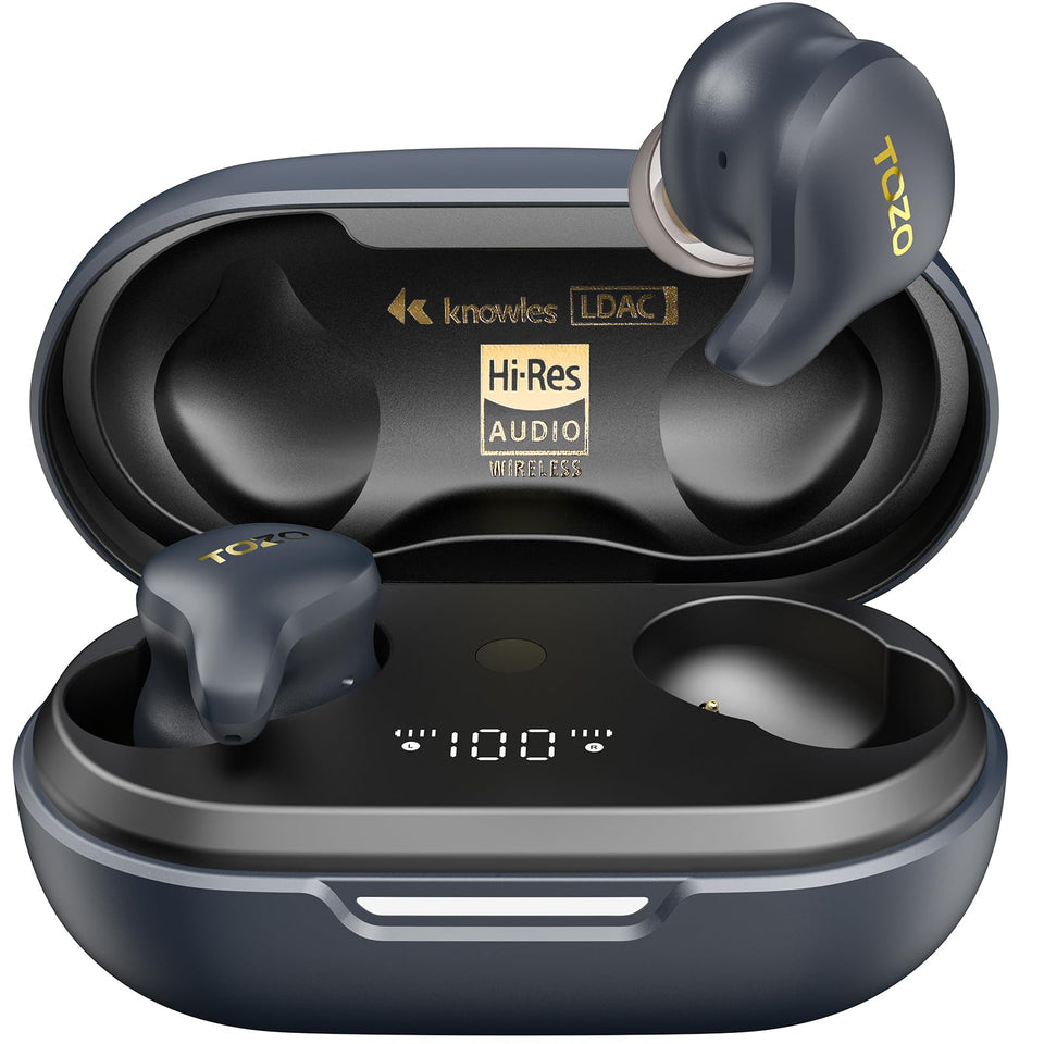 TOZO Golden X1 earbuds angled view, premium sound.