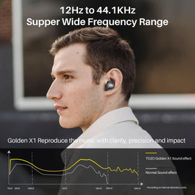 TOZO Golden X1 black earbuds in scene.