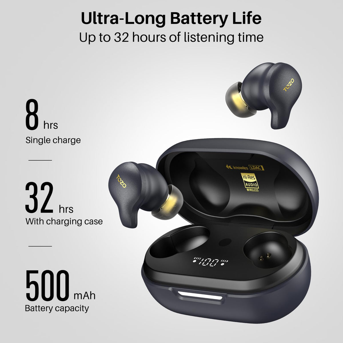 TOZO Golden X1 blue earbuds in scene.