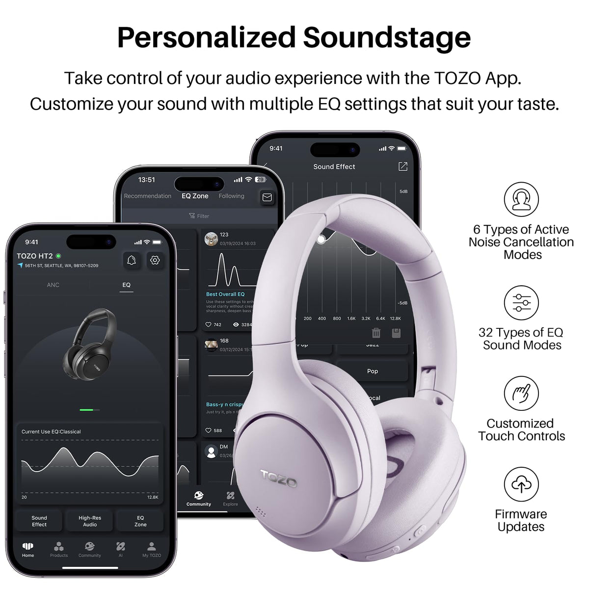 TOZO app EQ screen on phone, customizable sound settings via companion app