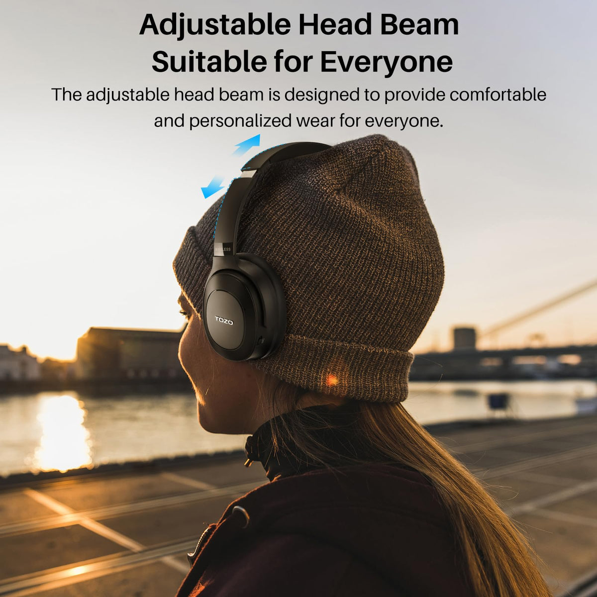 TOZO HT1 app EQ screen on phone showing customizable sound benefit
