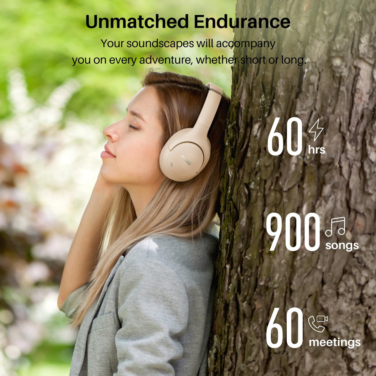 Graphic of TOZO HT2 40mm dual drivers illustrating hi-res audio clarity and depth