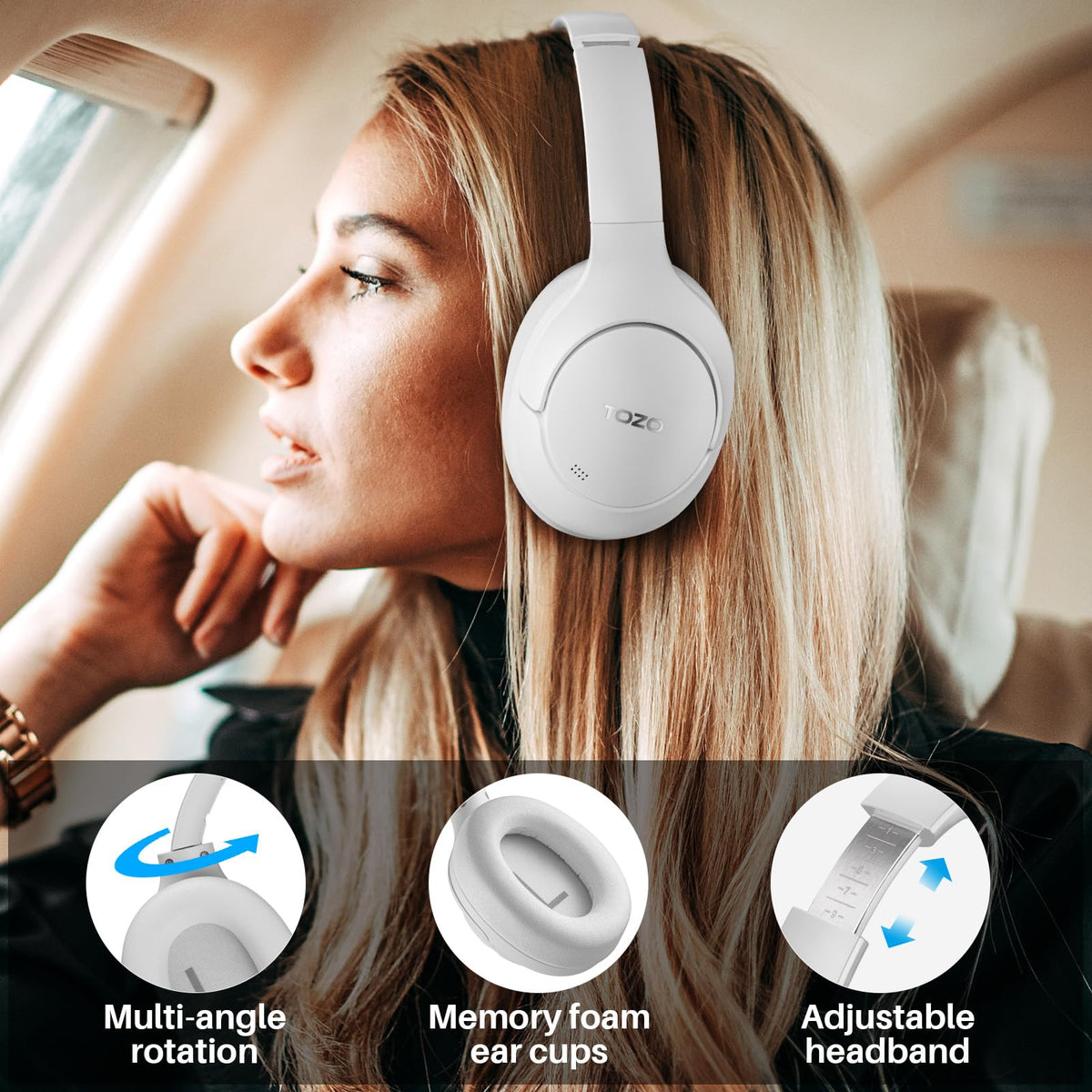 TOZO HT2 angled profile showing adjustable headband and ergonomic fit