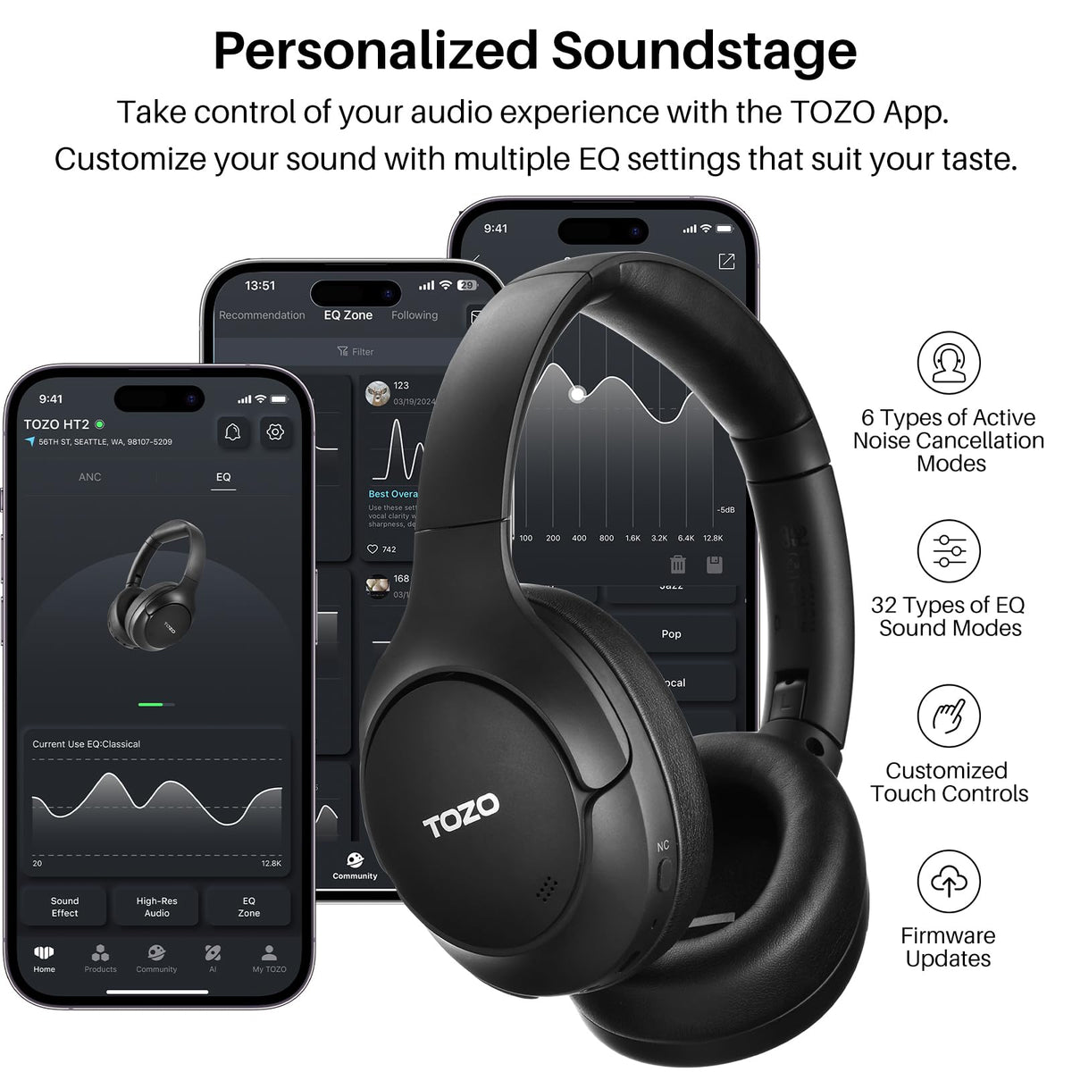 TOZO HT2 button controls and ports visible for easy playback and ANC adjustment