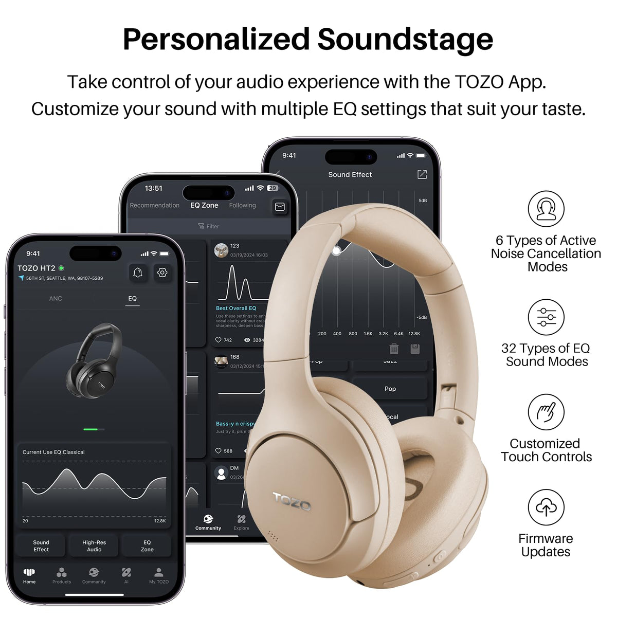 TOZO HT2 side with buttons and ports visible, showing easy control and connectivity