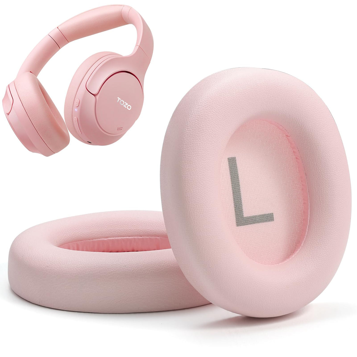 TOZO HT2 front view of pink replacement earpads showing fit and renewed comfort