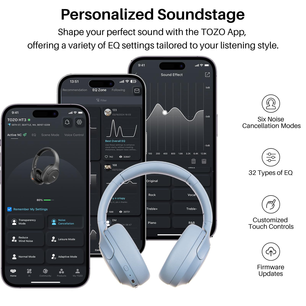 TOZO HT3 32 EQ modes personalize sound for music, movies, and calls.
