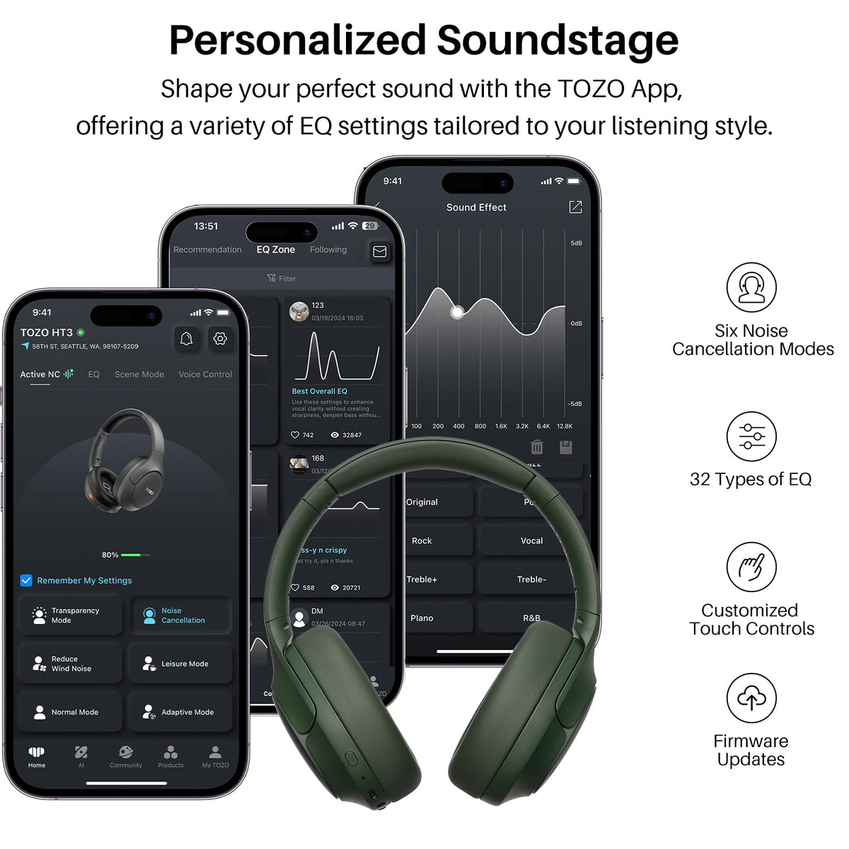 TOZO HT3 internal 40mm driver illustration showing powerful hi-res audio