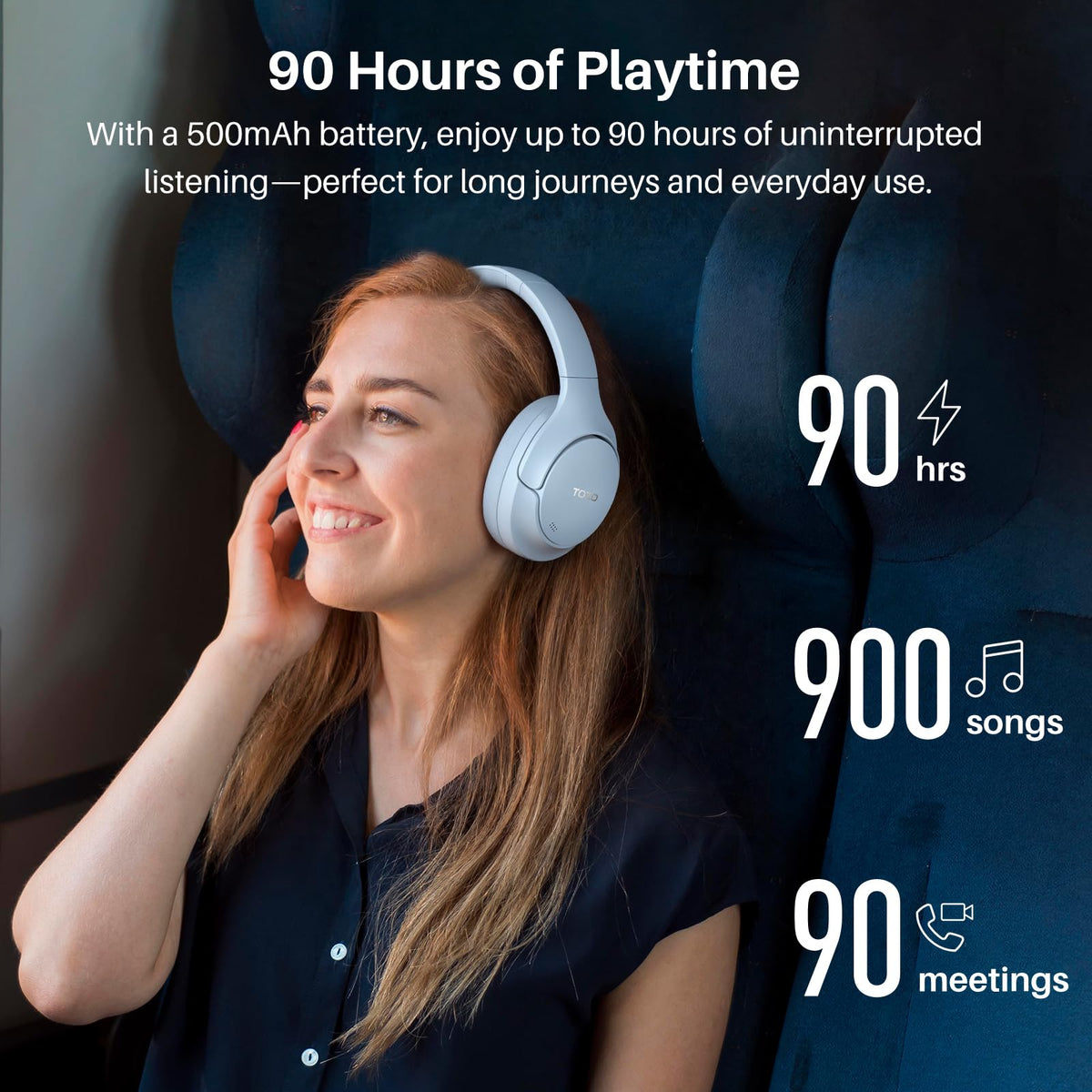 TOZO HT3 90-hour battery life for long flights and all-day listening.