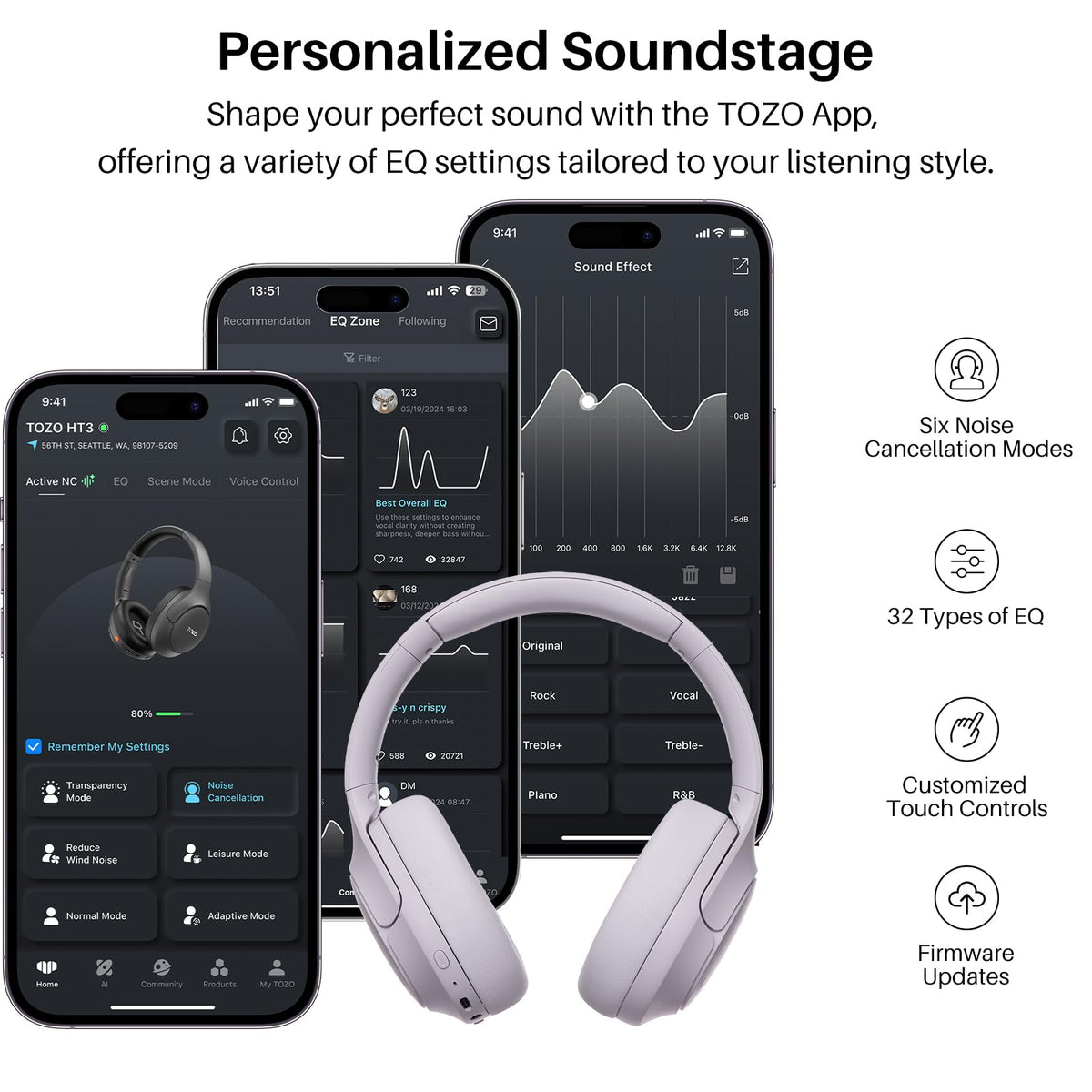 TOZO HT3 app EQ presets screen displaying 32 custom audio modes