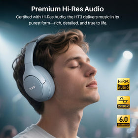 TOZO HT3 earcup close-up showing plush cushions for long-wear comfort