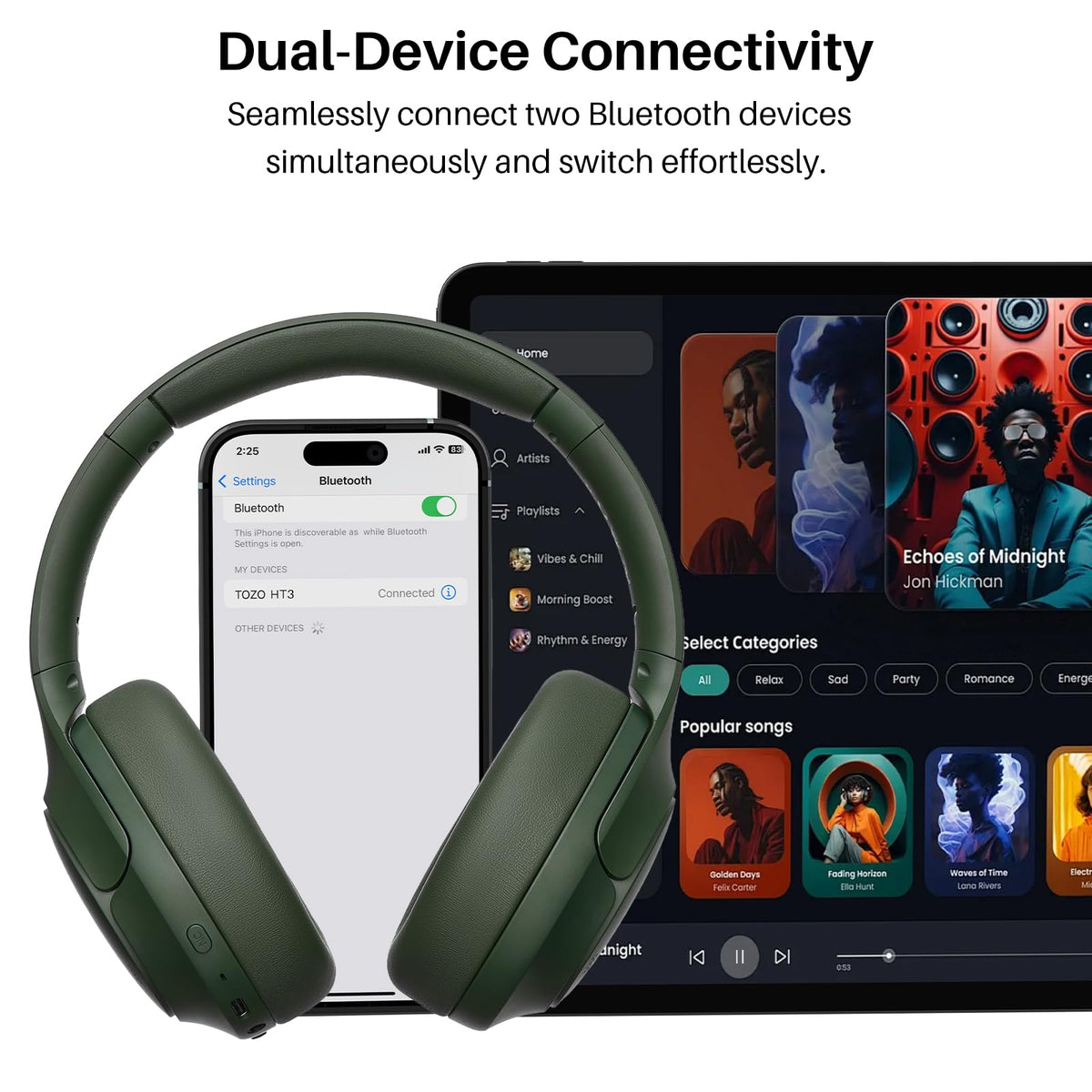 TOZO HT3 control buttons and ports highlighting ANC and quick-charge access