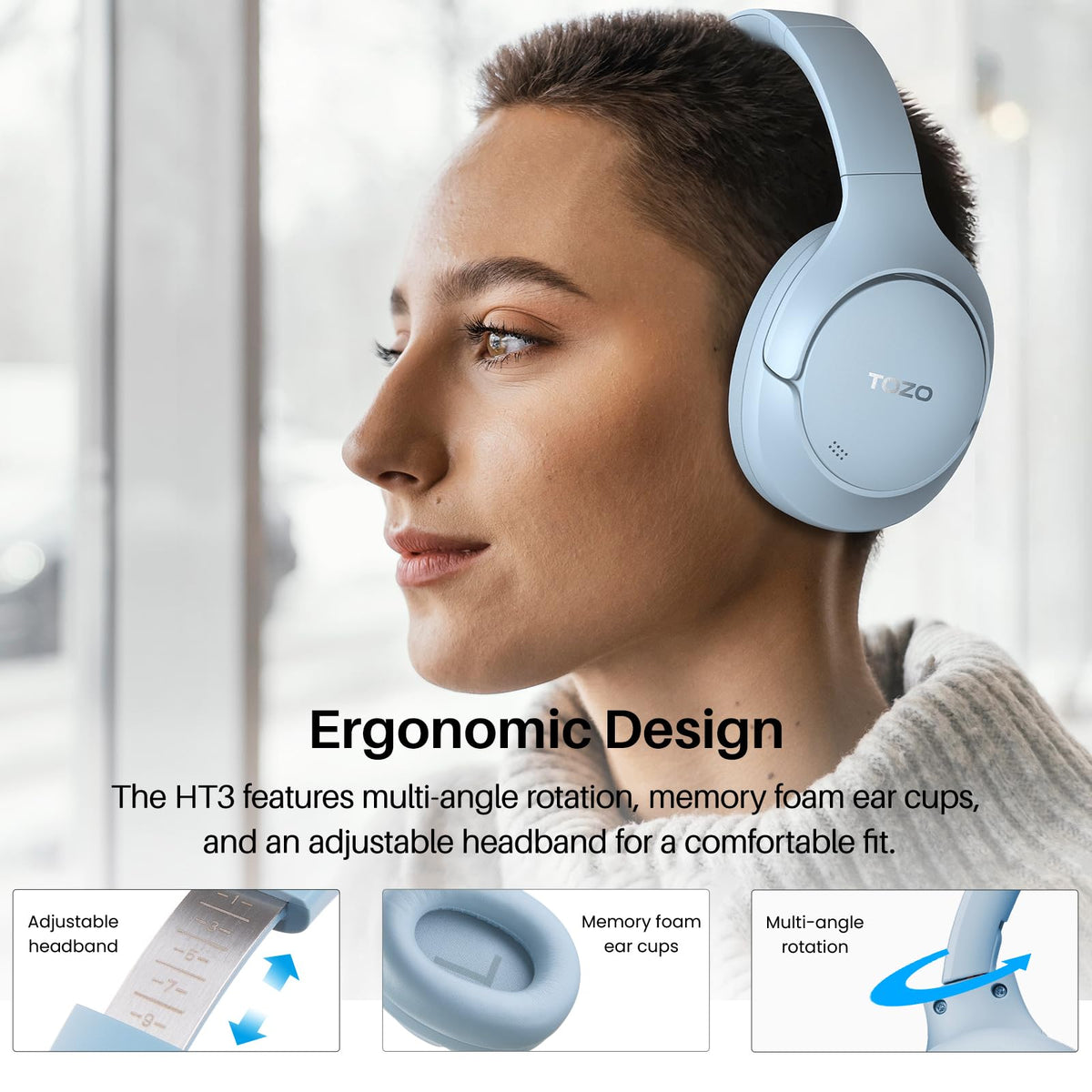TOZO HT3 OrigX tuning with hi-res audio for spacious, balanced sound.