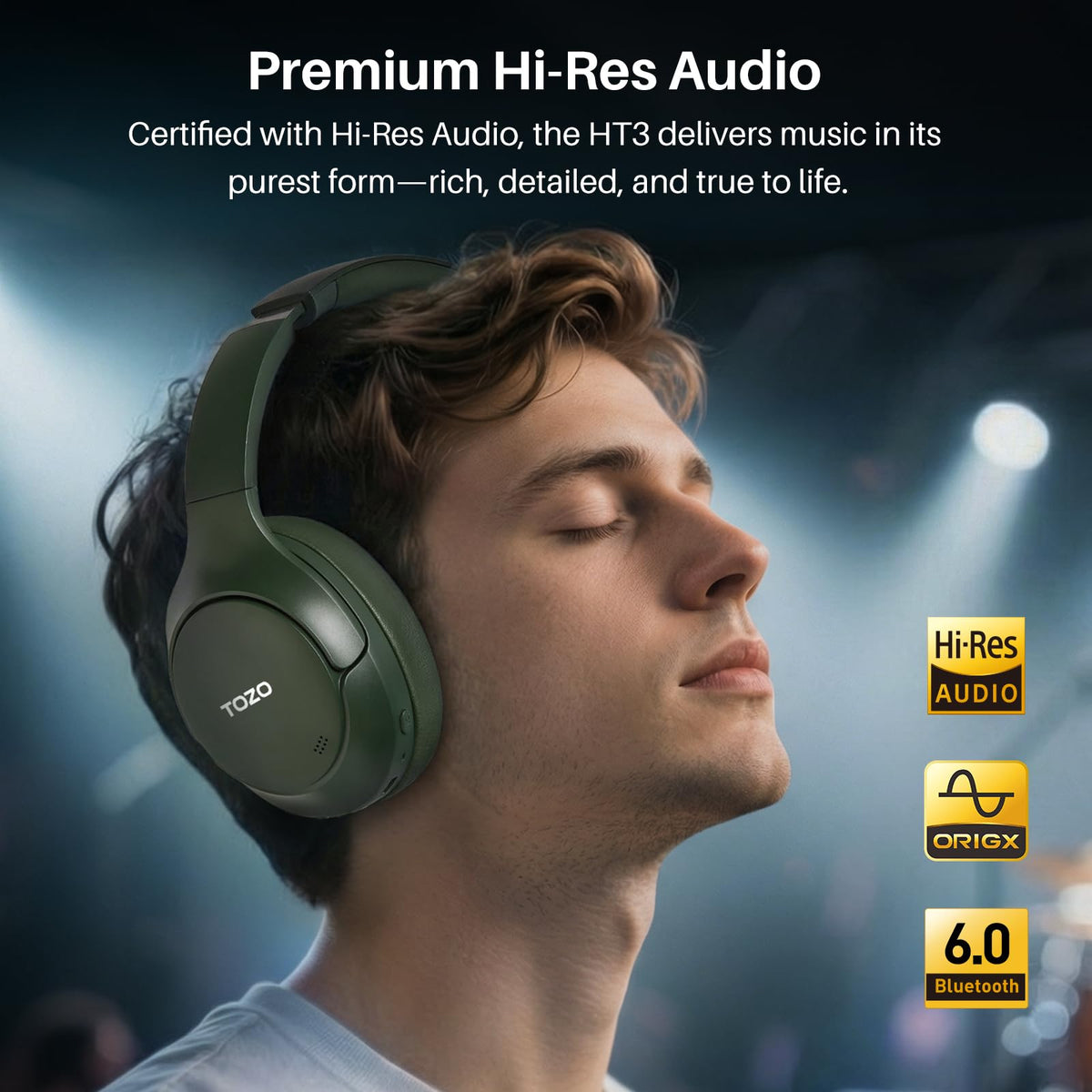 TOZO HT3 earpad texture close-up showing breathable cushions for long comfort