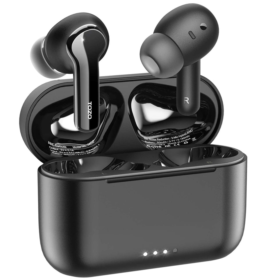 TOZO NC2 matte black front view showing compact earbuds and case for premium portability