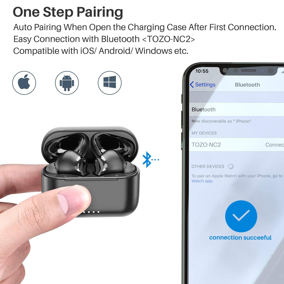 TOZO touch controls demonstration on earbud for hands-free playback and calls