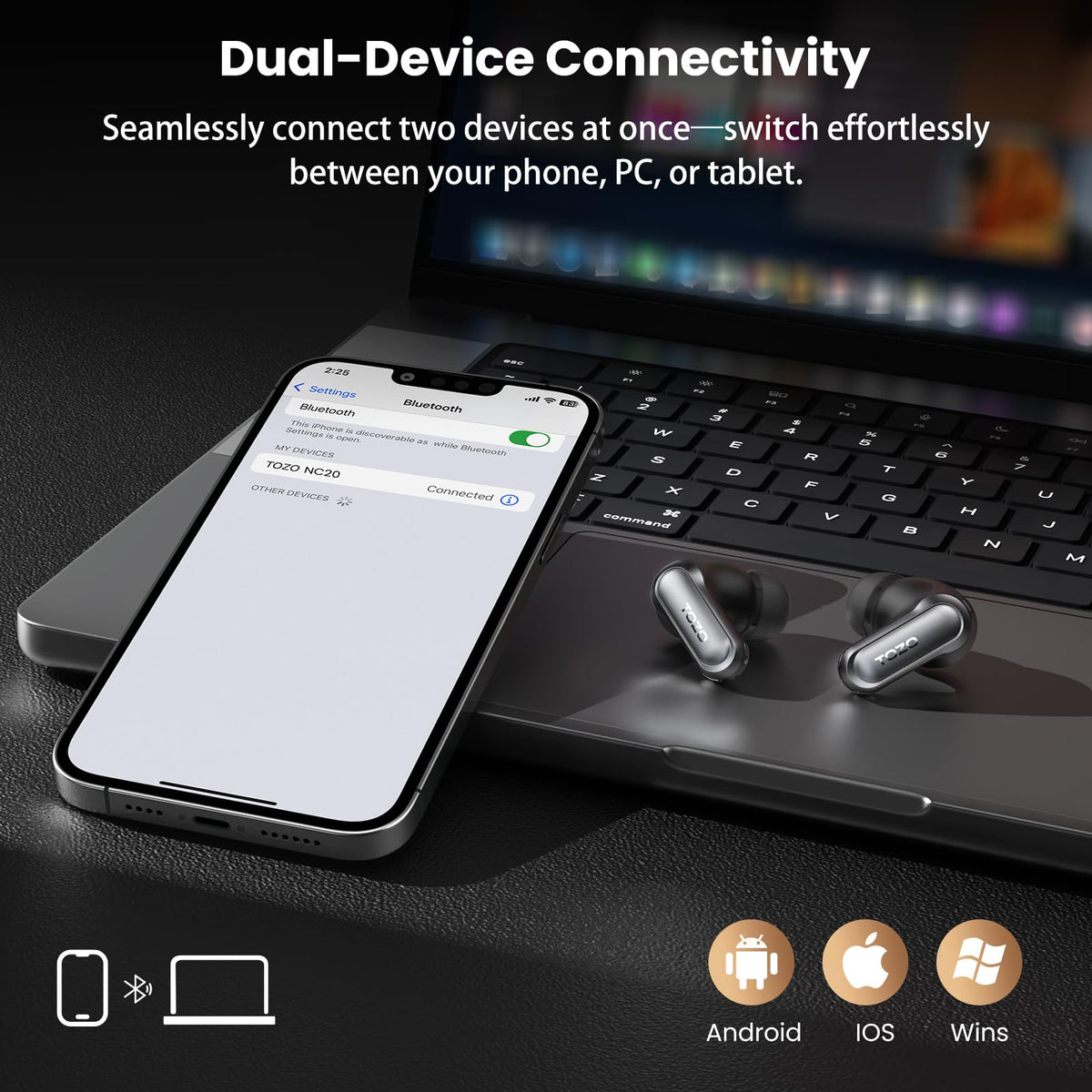 TOZO NC20 app EQ screen on phone, allows personalized 32-band sound tuning