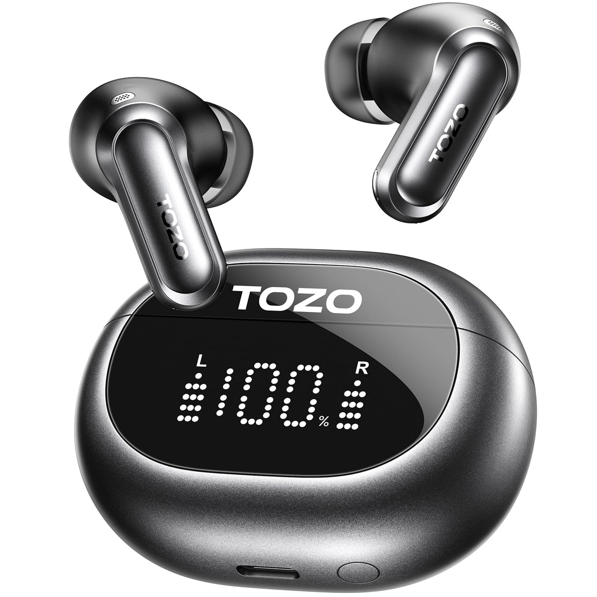 TOZO NC20 front packaging showing earbuds and case, highlights feature overview