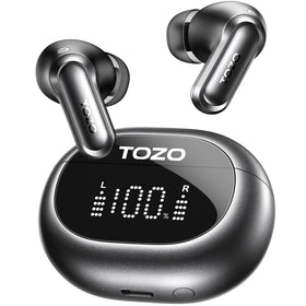 TOZO NC20 front packaging showing earbuds and case, highlights feature overview