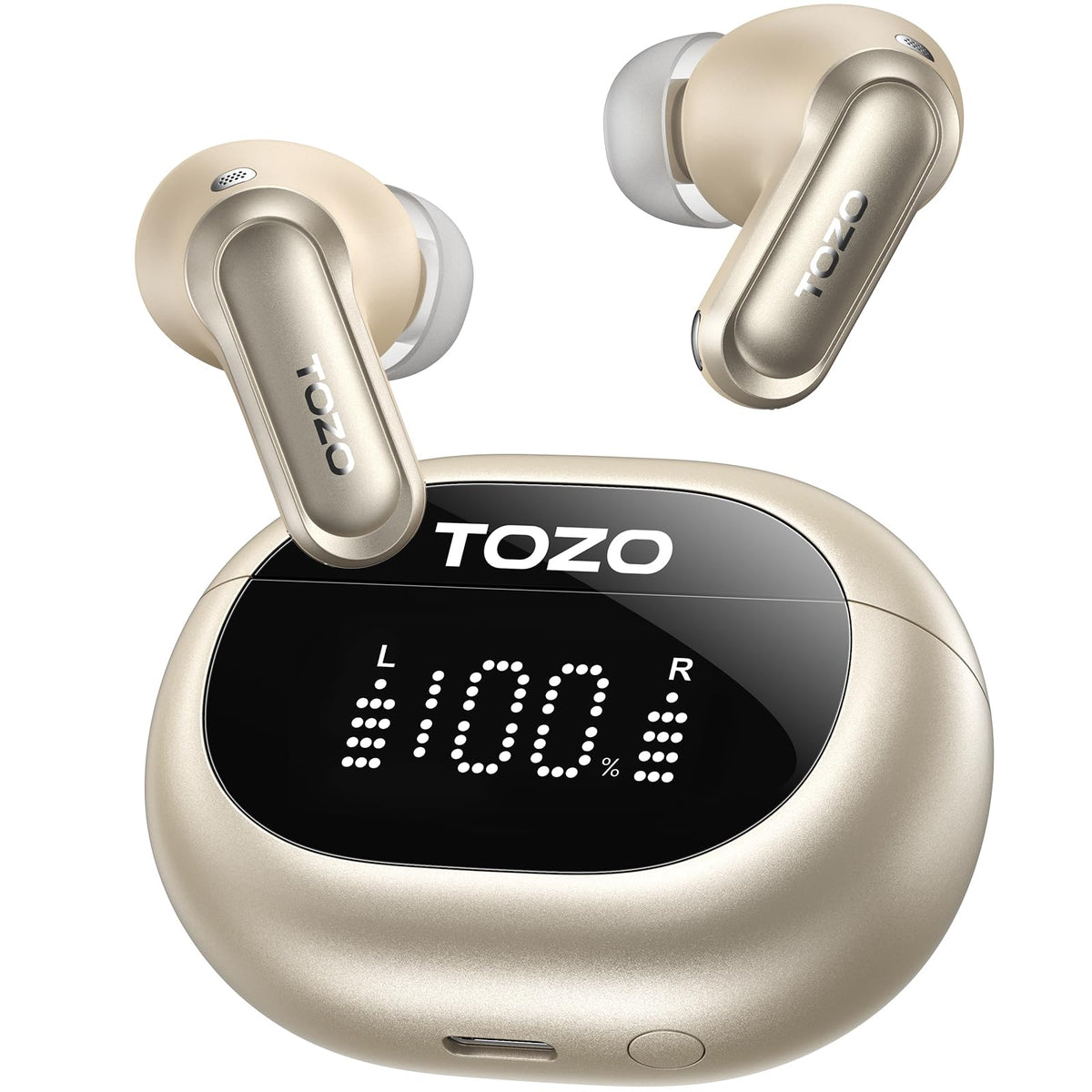 TOZO NC20 front view showing sleek earbuds and compact case, ideal portability