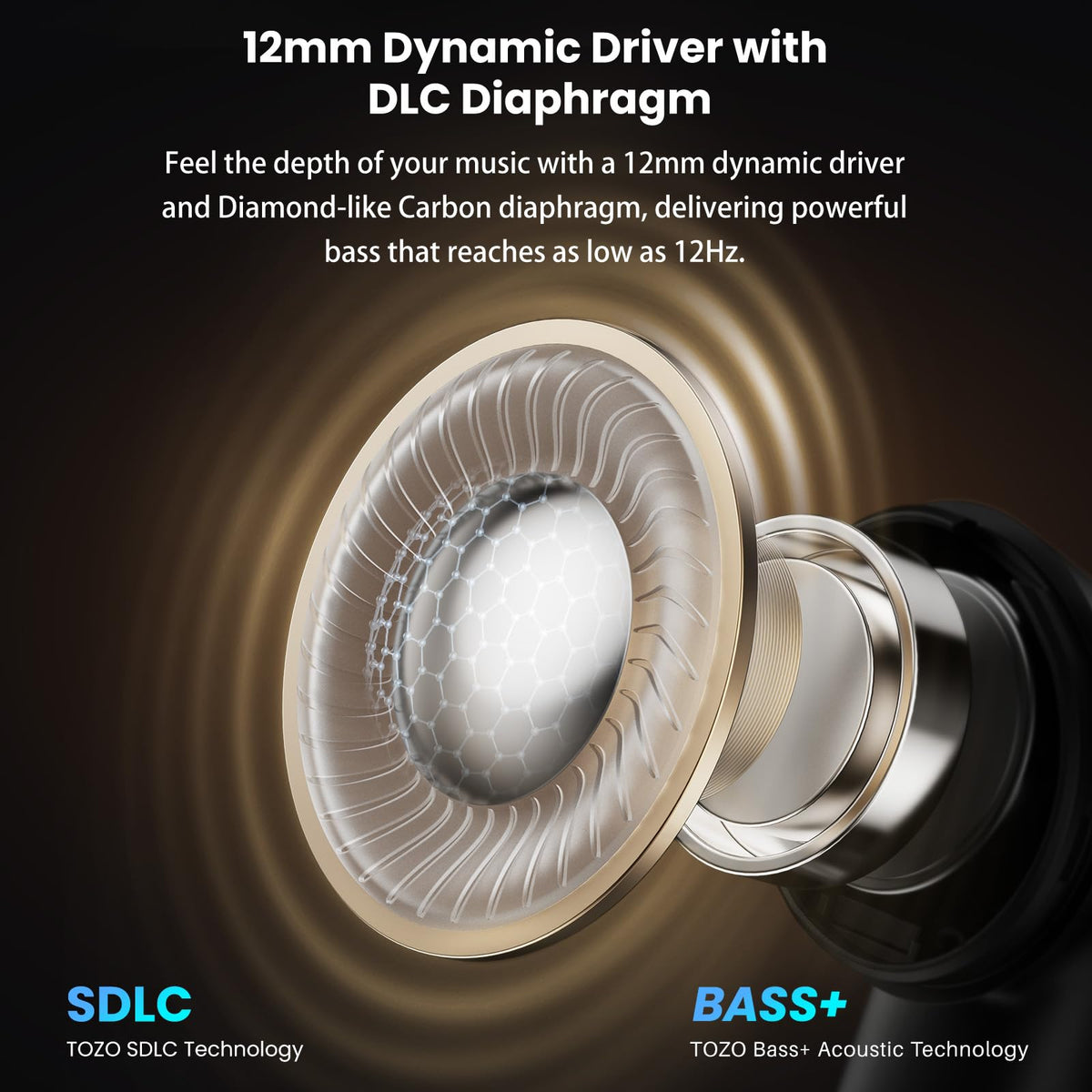 TOZO NC20 Pro 12mm driver close-up delivering deep bass