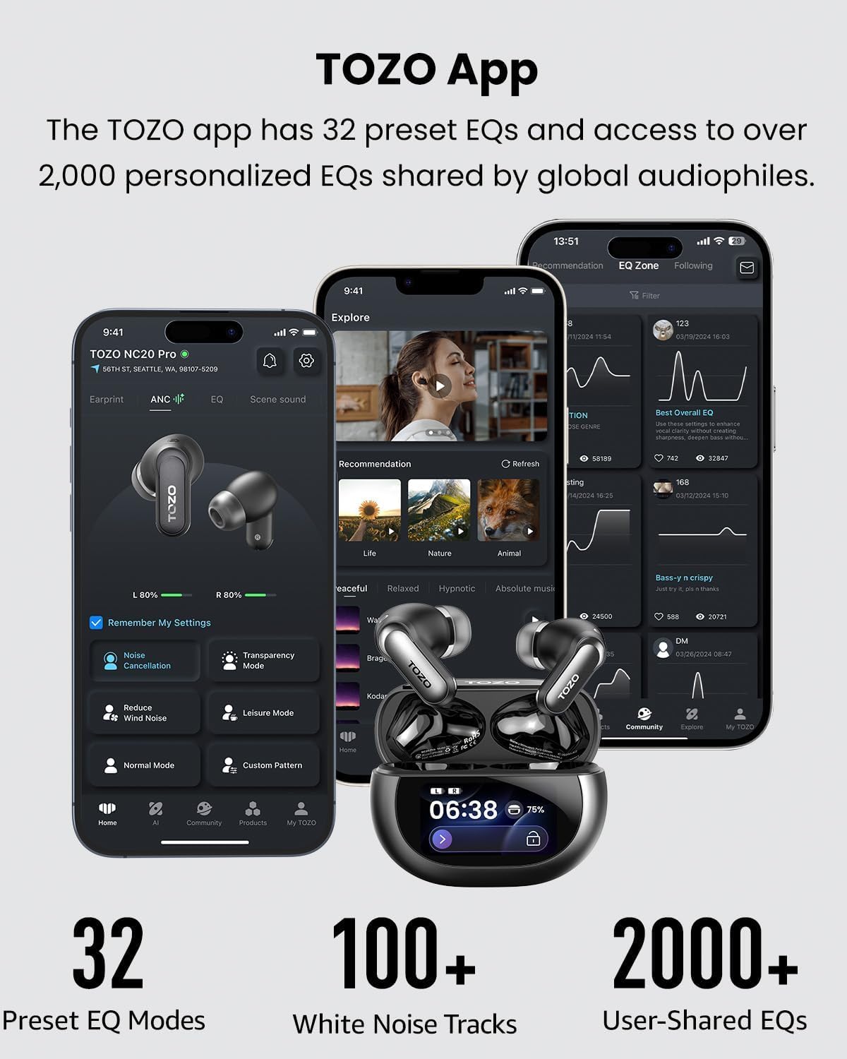 TOZO App with 32 EQ presets for personalized sound