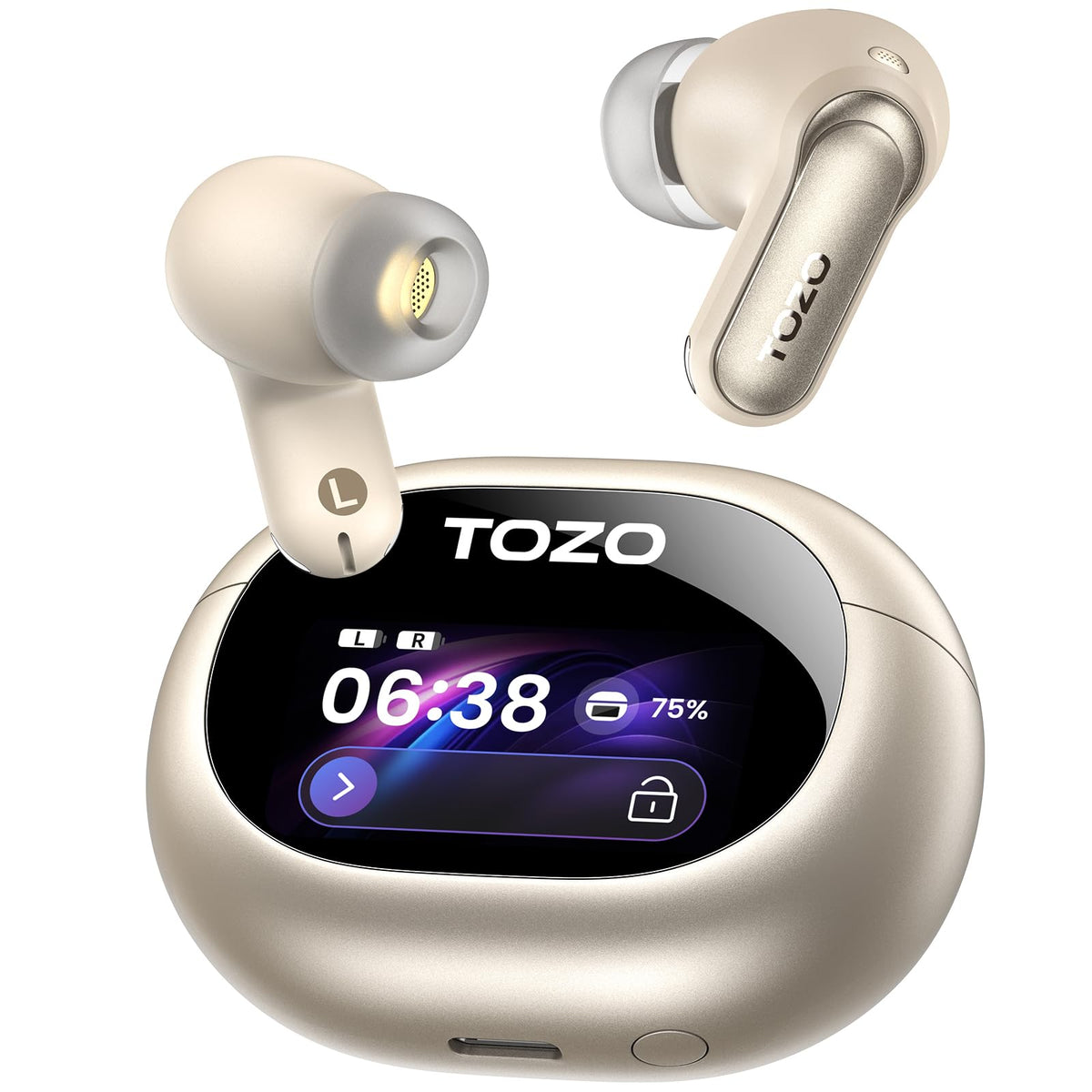 TOZO NC20 Pro charging case with LED display for on-the-go control.