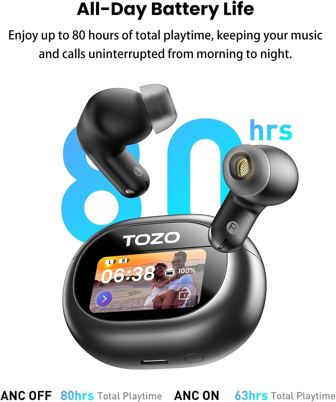 Smart charging case with touch controls and real-time lyrics display