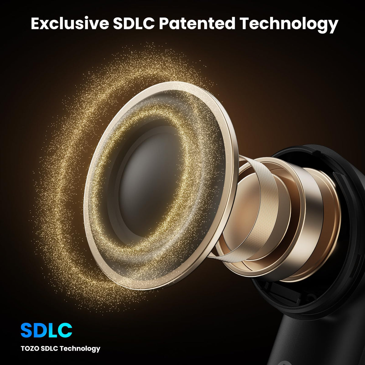 TOZO earbud in ear side profile, provides secure fit and comfort benefit