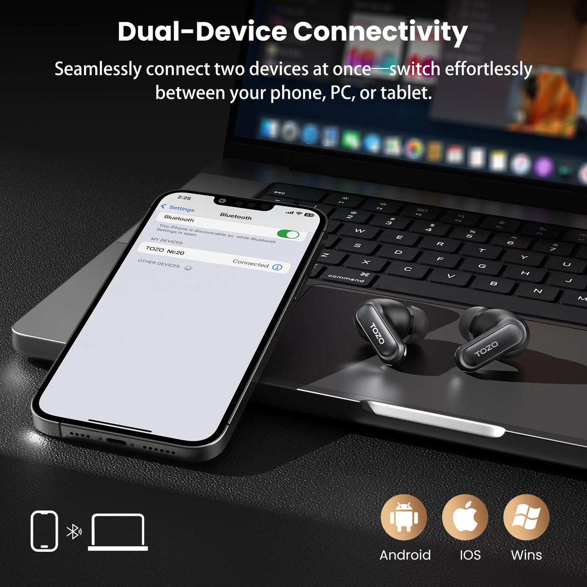 TOZO case on wireless charger pad, highlights convenient wireless charging